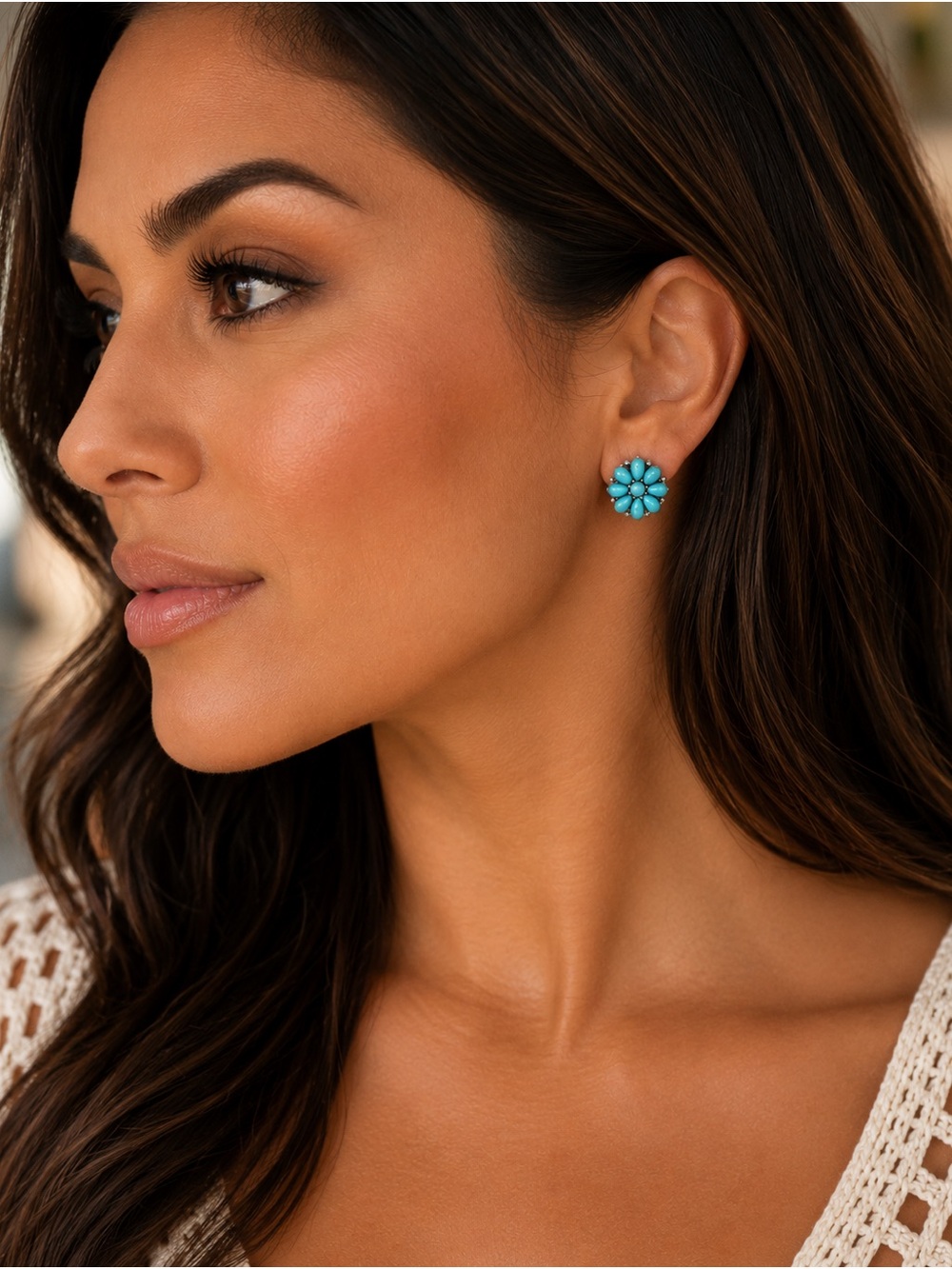 Turquoise Floral Cluster Stud Earrings - Blue